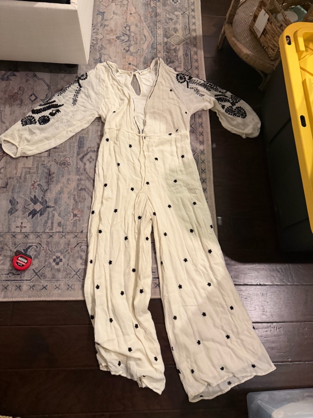 Free People Cream Black Embroidered Wide-Leg Jumpsuit ankles size XS
